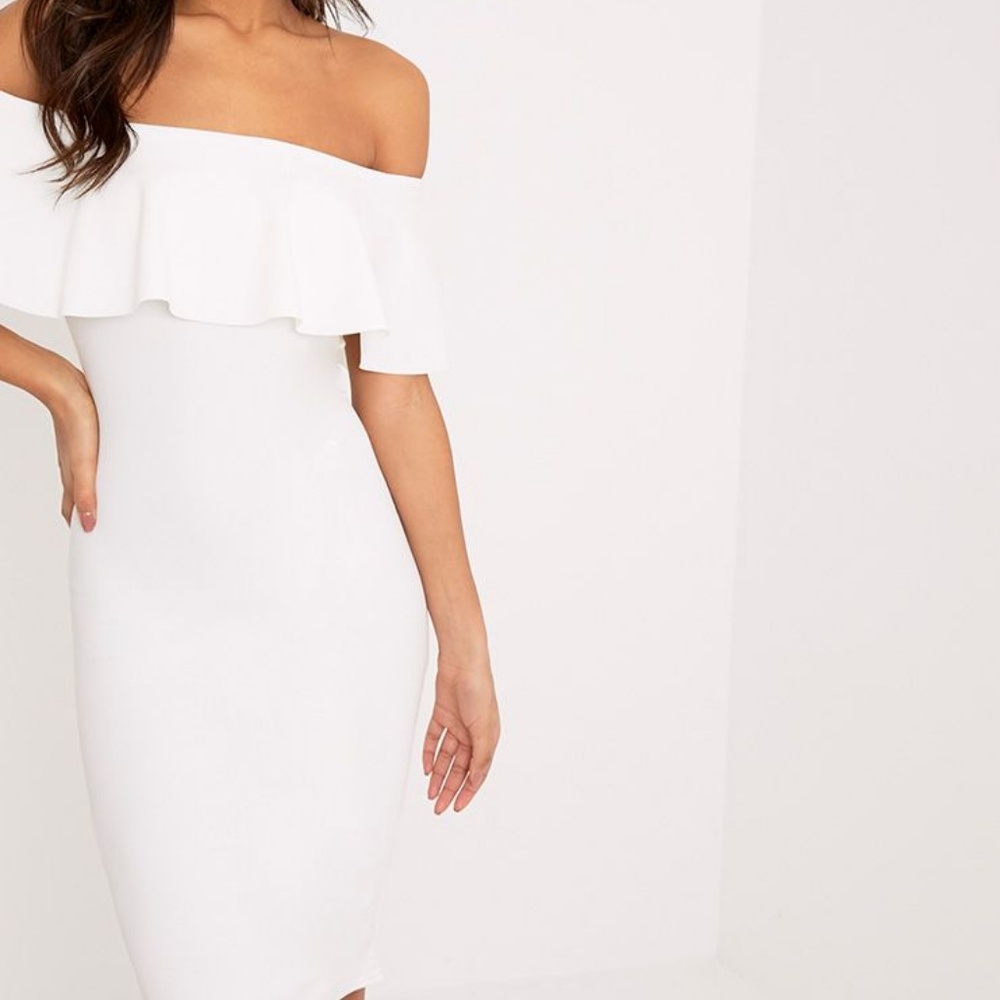 Celina White Bardot Frill Midi Dress in White